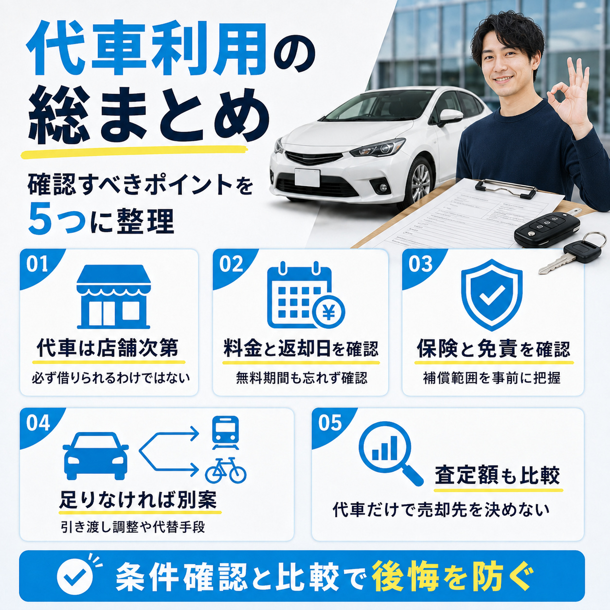 まとめ｜車買取の代車は契約前に利用条件を確認しよう